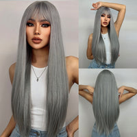 ライトワインレッド合成かつら前髪付き女性のためのロングストレートヘアウィッグナチュラルコスプレパーティー耐熱
