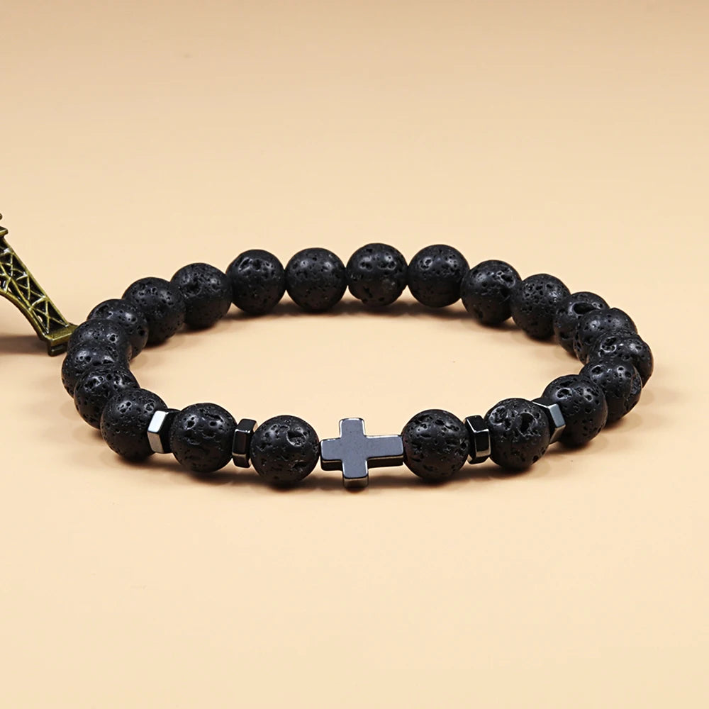 Man Hematite Cross Bracelets Wood Beads Natural Onyx Tiger Eye Lava Stone Meditation Prayer Bracelet for Women Healing Jewelry