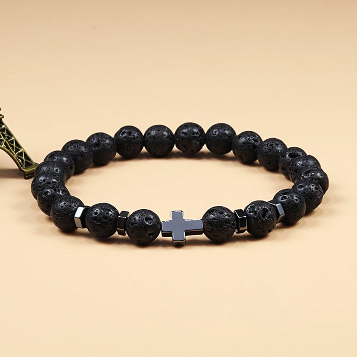 Man Hematite Cross Bracelets Wood Beads Natural Onyx Tiger Eye Lava Stone Meditation Prayer Bracelet for Women Healing Jewelry