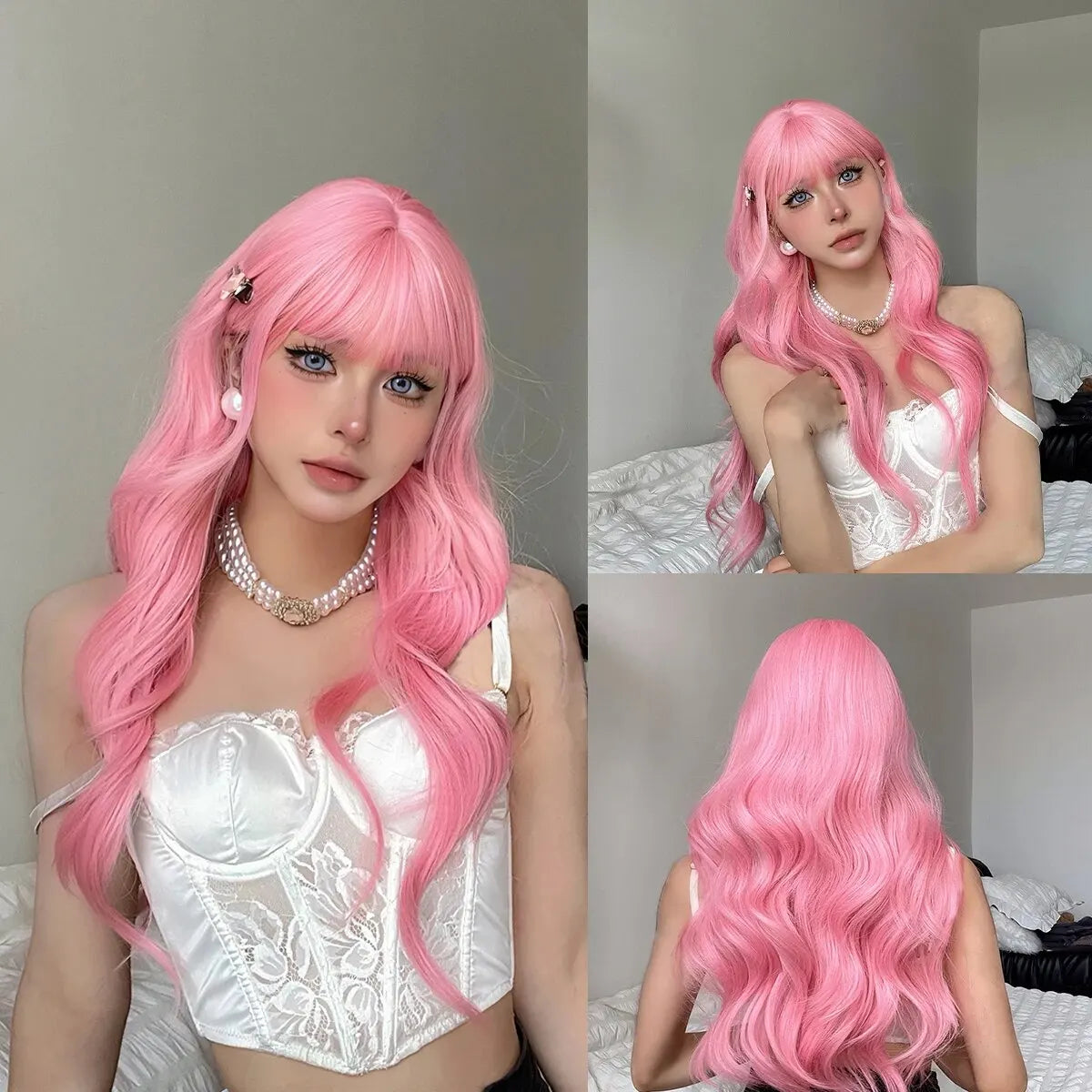 WIGMFG Light Pink Long Wavy Natural Hair Wigs with Bangs for Women Cosplay Lolita Wig