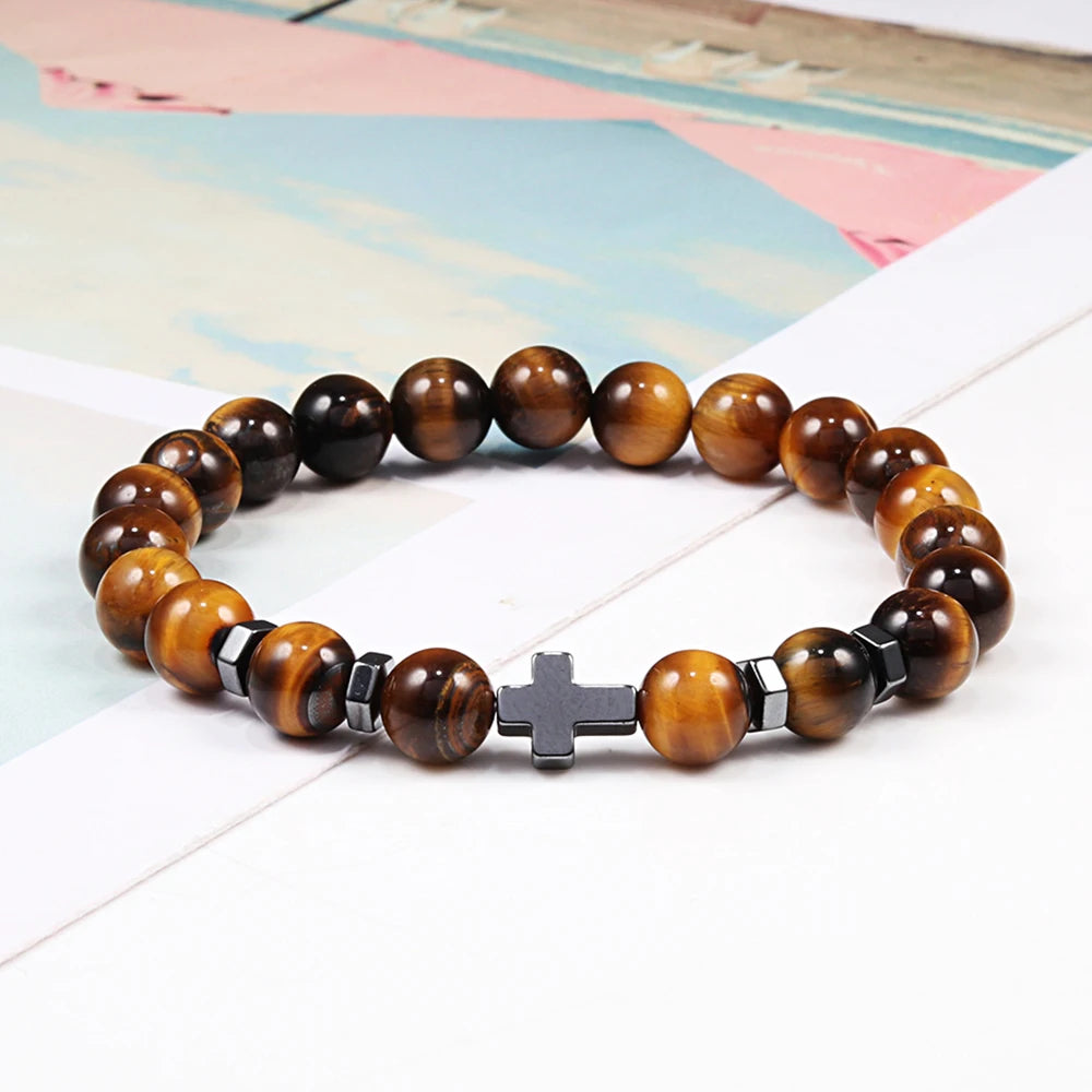 Man Hematite Cross Bracelets Wood Beads Natural Onyx Tiger Eye Lava Stone Meditation Prayer Bracelet for Women Healing Jewelry