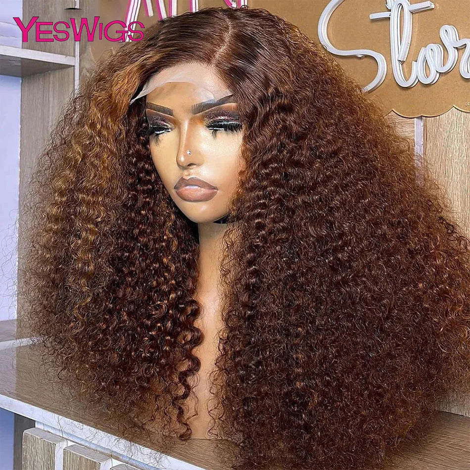 Chocolate Brown HD 13x6 Lace Front Wigs 100% Curly Human Hair Wigs Bleached Knots 30 Inch Deep Wave Transparent Lace Frontal Wig