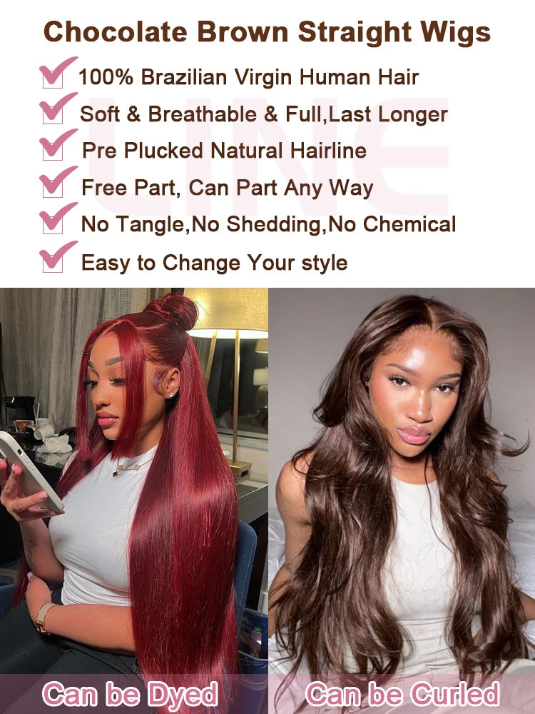 Chocolate Brown Straight 13x4 13x6 Hd Lace Frontal Wig Brazilian Colored T Part Human Hair Wigs For Women Preplucked 30 36 Inch