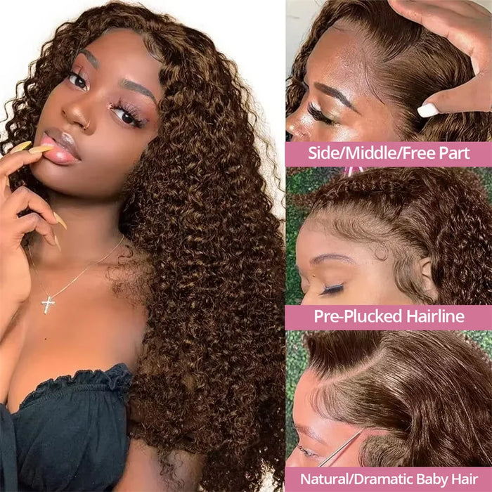 Chocolate Brown HD 13x6 Lace Front Wigs 100% Curly Human Hair Wigs Bleached Knots 30 Inch Deep Wave Transparent Lace Frontal Wig
