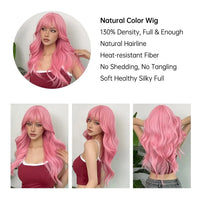 WIGMFG Light Pink Long Wavy Natural Hair Wigs with Bangs for Women Cosplay Lolita Wig