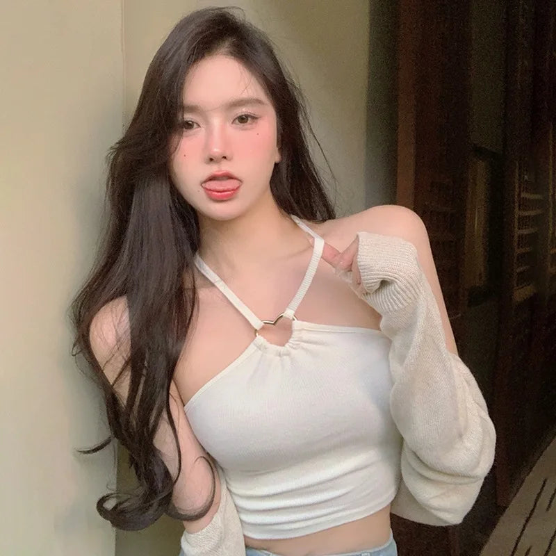 Summer Camisole Crop Top Solid Color Exposed Navel Sweet Hollowed Out