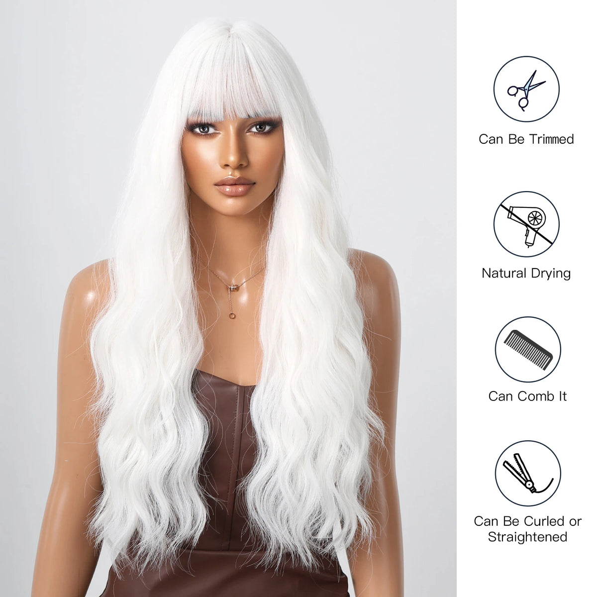 White Curly Wig Long Wavy Synthetic Hair Wig with Bangs White Cosplay Wigs for Women Holiday Party Fake Hair High Temperature