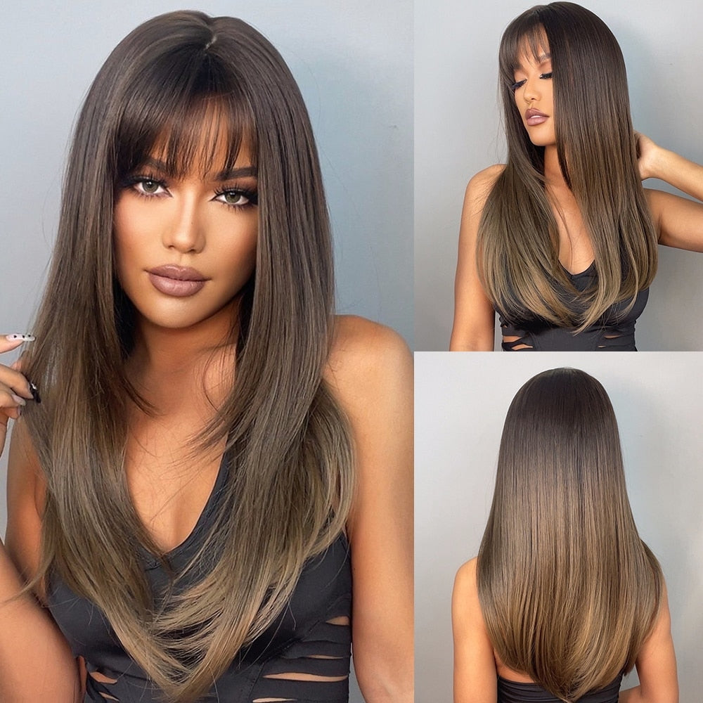 ライトワインレッド合成かつら前髪付き女性のためのロングストレートヘアウィッグナチュラルコスプレパーティー耐熱