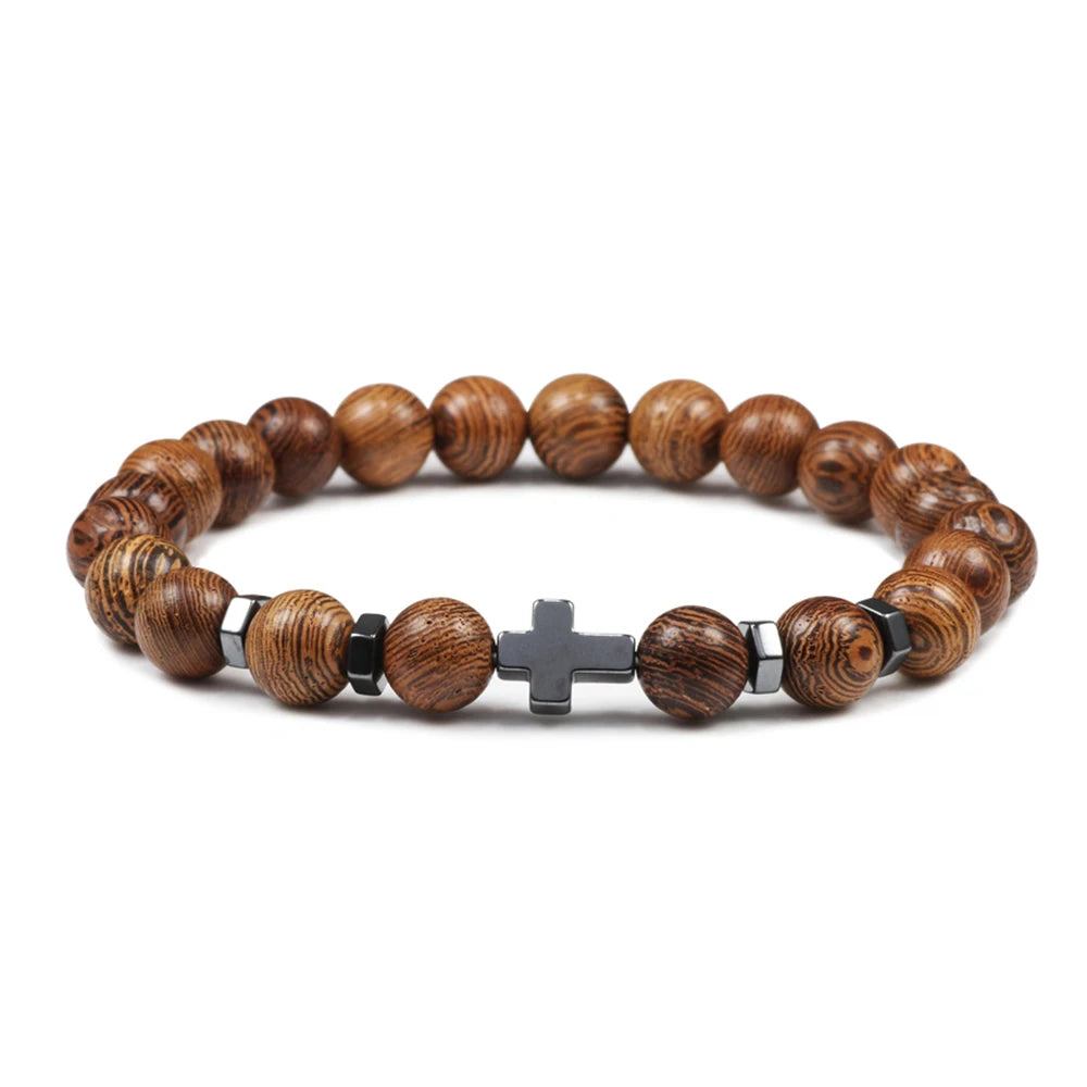 Man Hematite Cross Bracelets Wood Beads Natural Onyx Tiger Eye Lava Stone Meditation Prayer Bracelet for Women Healing Jewelry