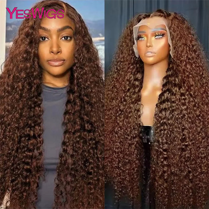 Chocolate Brown HD 13x6 Lace Front Wigs 100% Curly Human Hair Wigs Bleached Knots 30 Inch Deep Wave Transparent Lace Frontal Wig