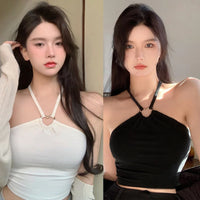 Summer Camisole Crop Top Solid Color Exposed Navel Sweet Hollowed Out