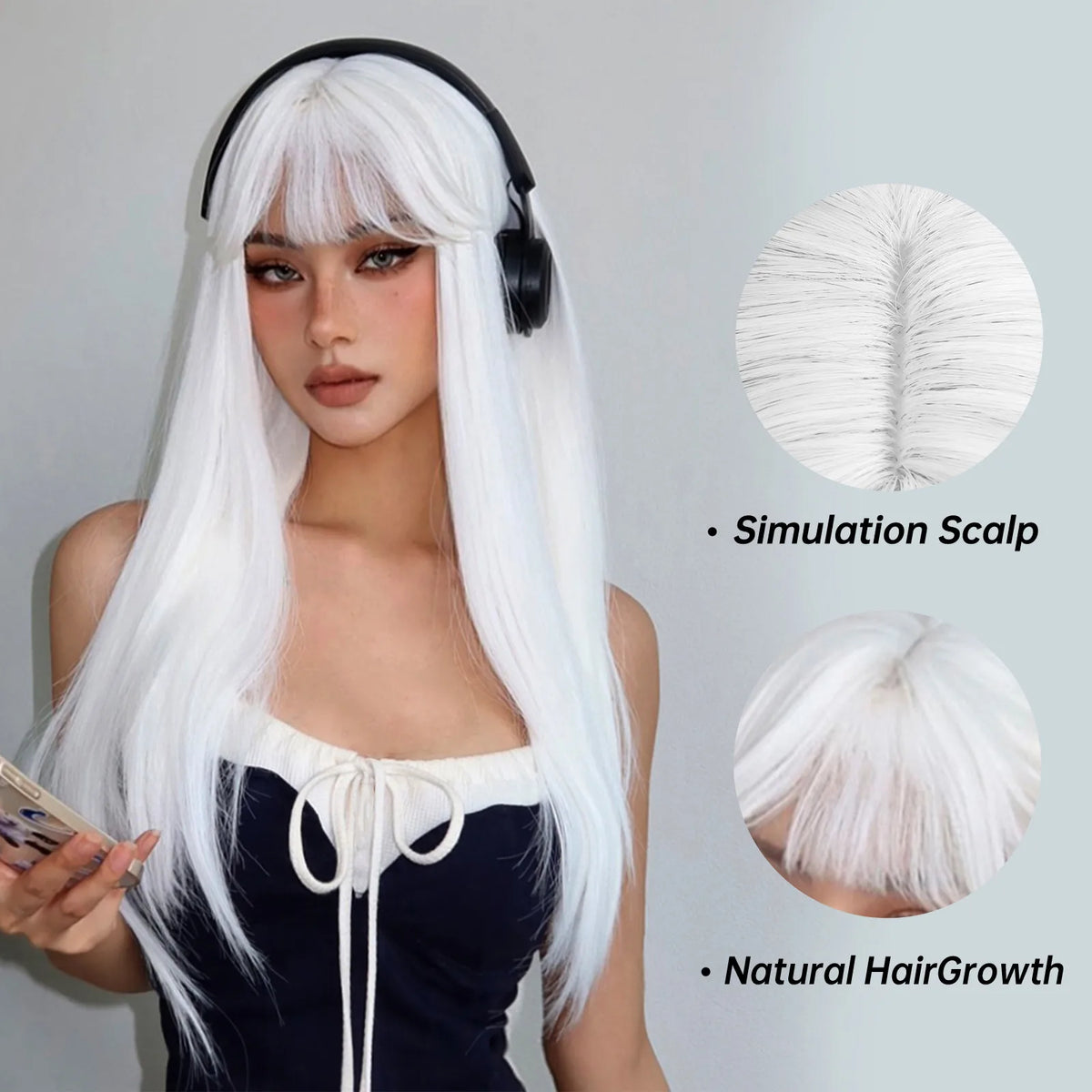 White Long Straight Synthetic Wigs for Women Colorful Cosplay Party Fake Hair with Bangs White Wig HighTemperature