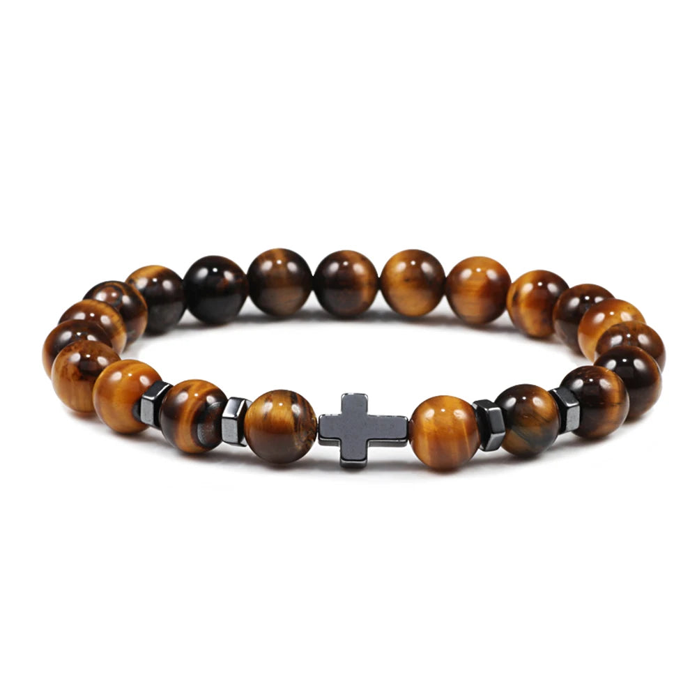 Man Hematite Cross Bracelets Wood Beads Natural Onyx Tiger Eye Lava Stone Meditation Prayer Bracelet for Women Healing Jewelry