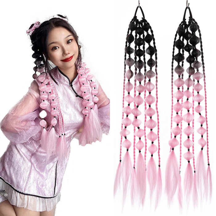 Corlorful Bubble Braid Ponytail Extension Synthetic Long Lantern Pony tail Handmade Hairpiece For Women Daily Party