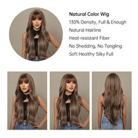 HAIRCUBE Brown Mixed Blonde Synthetic Wigs with Bang Long Natural Wavy Hair Wig for Women Daily Cosplay Use Heat Resistant