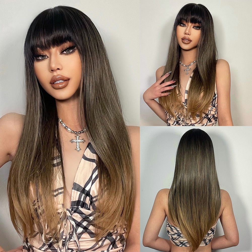 ライトワインレッド合成かつら前髪付き女性のためのロングストレートヘアウィッグナチュラルコスプレパーティー耐熱