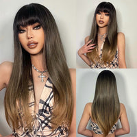 ライトワインレッド合成かつら前髪付き女性のためのロングストレートヘアウィッグナチュラルコスプレパーティー耐熱