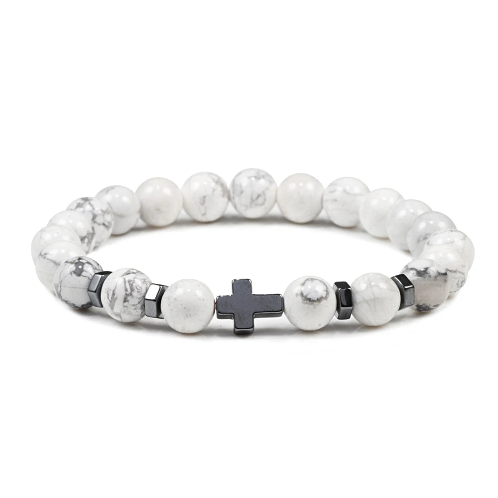 Man Hematite Cross Bracelets Wood Beads Natural Onyx Tiger Eye Lava Stone Meditation Prayer Bracelet for Women Healing Jewelry