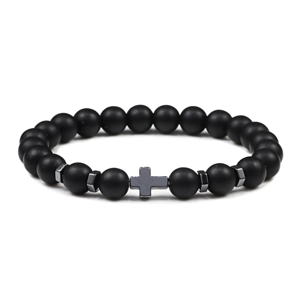 Man Hematite Cross Bracelets Wood Beads Natural Onyx Tiger Eye Lava Stone Meditation Prayer Bracelet for Women Healing Jewelry