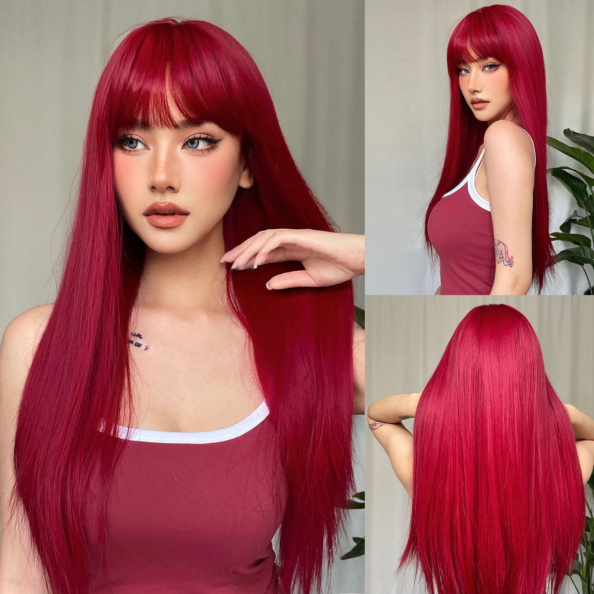 ライトワインレッド合成かつら前髪付き女性のためのロングストレートヘアウィッグナチュラルコスプレパーティー耐熱
