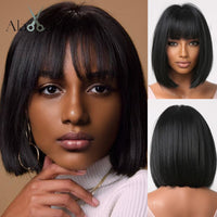 ALAN EATON Short Silky Straight Synthetic Wigs with Bangs Black Brown Lolita Bobo Wigs For Women Cosplay Daily Heat Resistant