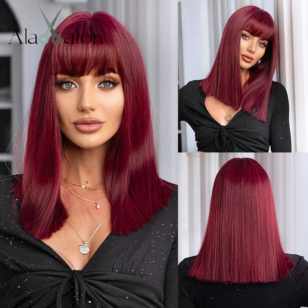 ALAN EATON Short Silky Straight Synthetic Wigs with Bangs Black Brown Lolita Bobo Wigs For Women Cosplay Daily Heat Resistant