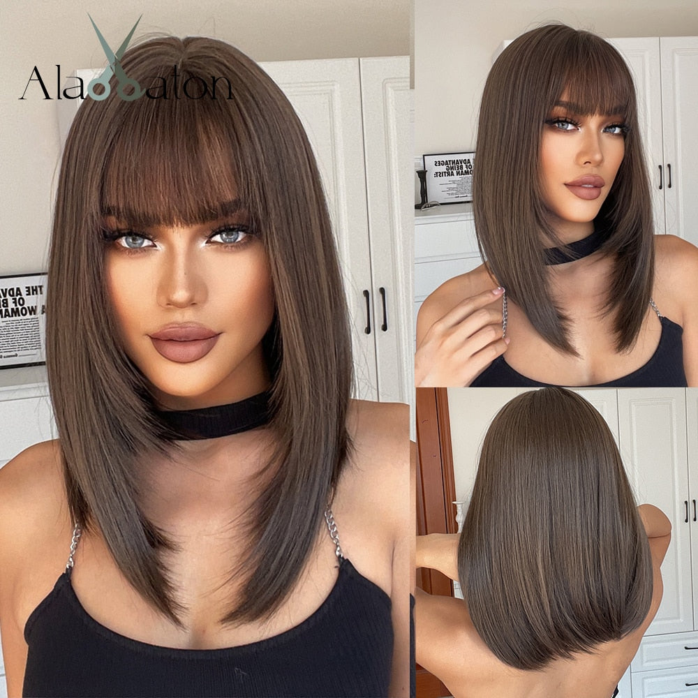 ALAN EATON Short Silky Straight Synthetic Wigs with Bangs Black Brown Lolita Bobo Wigs For Women Cosplay Daily Heat Resistant