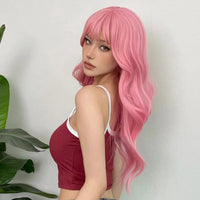 WIGMFG Light Pink Long Wavy Natural Hair Wigs with Bangs for Women Cosplay Lolita Wig