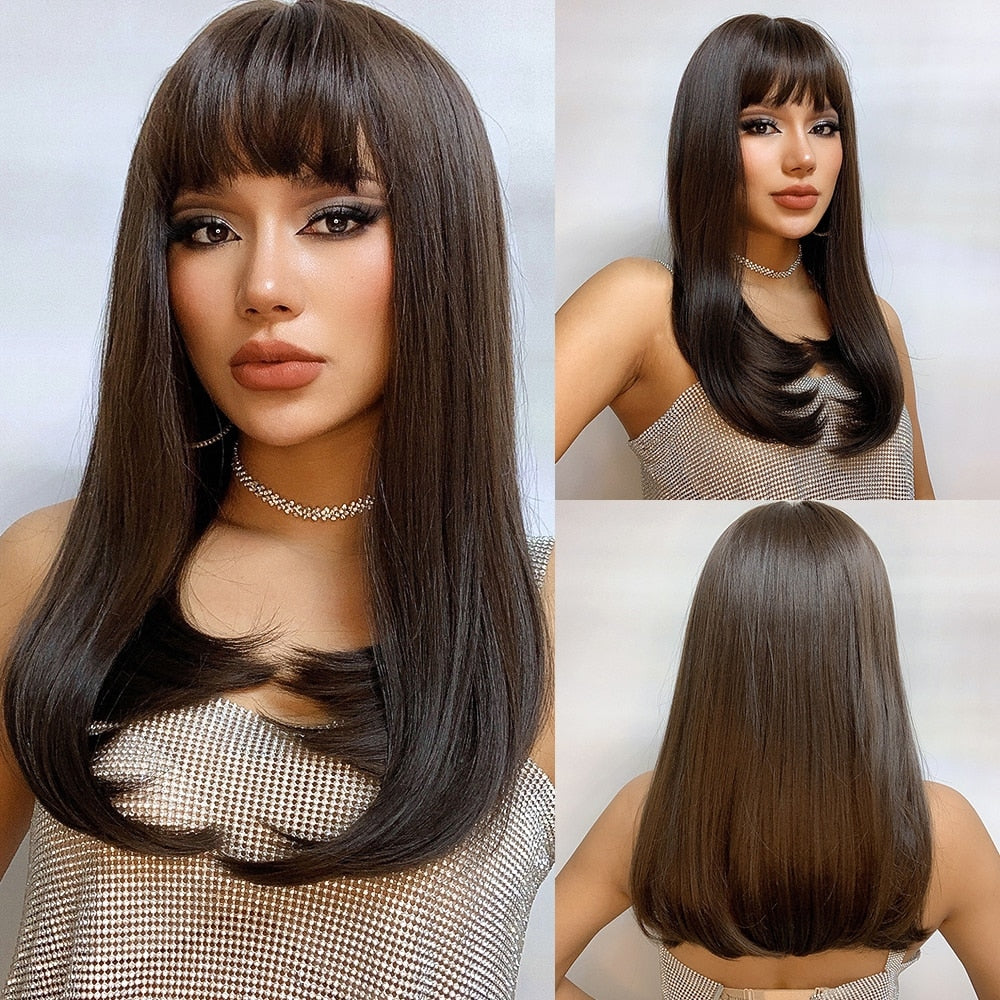 ライトワインレッド合成かつら前髪付き女性のためのロングストレートヘアウィッグナチュラルコスプレパーティー耐熱