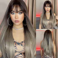 ライトワインレッド合成かつら前髪付き女性のためのロングストレートヘアウィッグナチュラルコスプレパーティー耐熱