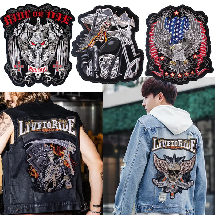 Biker Skull Iron/Sew-On Embroidery Patches for DIY Rock Jacket - Large Back Patch Badge