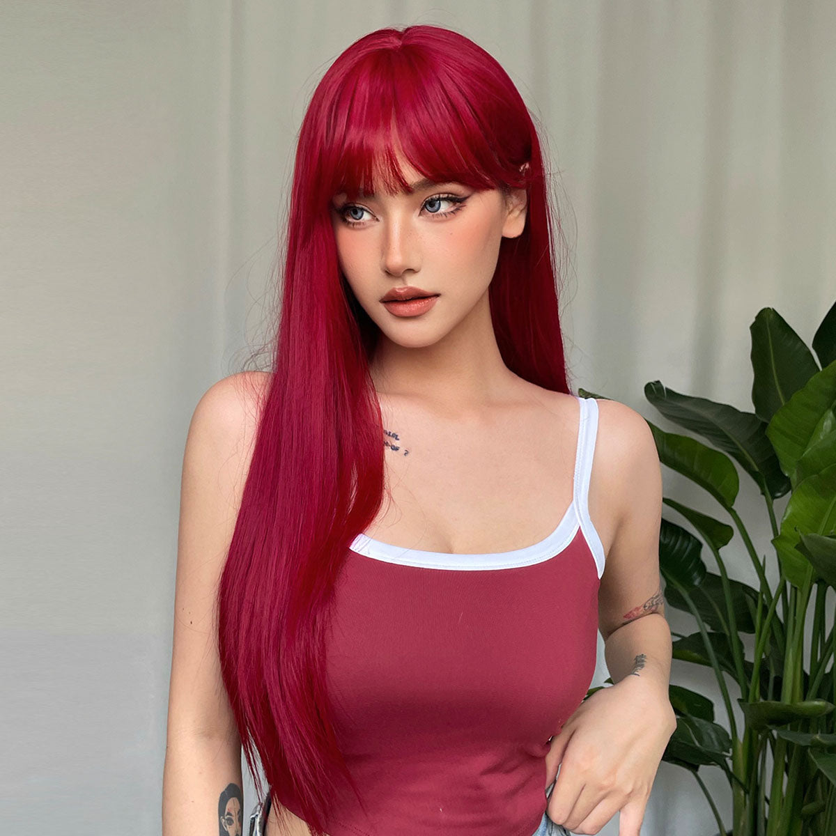 Light Wine Red Synthetic Wigs With Bangs for Women Long Straight Hair Wig Natural Cosplay Party Heat Resistant