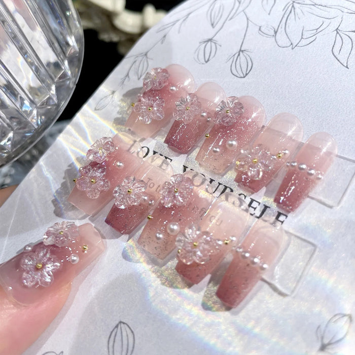 Medium Length Fake Nails 3D Flower Pearl Designs Nude Pink Color Press on Nails Ballerina False Nails for Women DIY Manicure