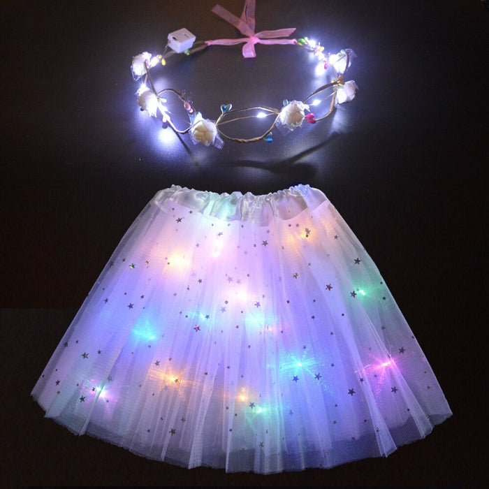 Light up Glow LED Girl Kids Women Star Tutu Skirt Costume Party Ballet Flower Crown Wreath Headband Christmas