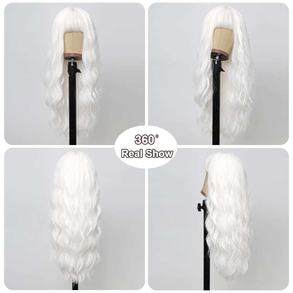 White Curly Wig Long Wavy Synthetic Hair Wig with Bangs White Cosplay Wigs for Women Holiday Party Fake Hair High Temperature