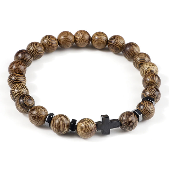 Man Hematite Cross Bracelets Wood Beads Natural Onyx Tiger Eye Lava Stone Meditation Prayer Bracelet for Women Healing Jewelry