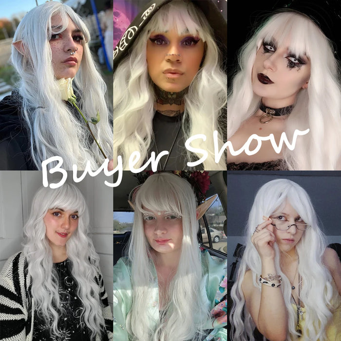 White Curly Wig Long Wavy Synthetic Hair Wig with Bangs White Cosplay Wigs for Women Holiday Party Fake Hair High Temperature