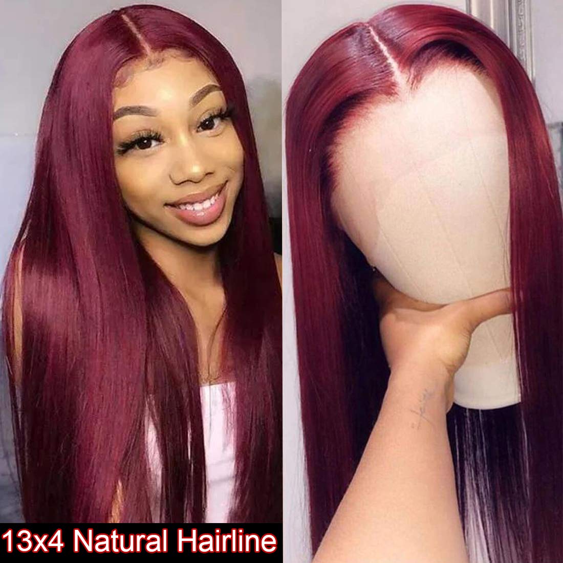 Burgundy13x4 Lace Front Human Hair Wig Pre Plucked with Baby Hair 99J Color WIGMFG