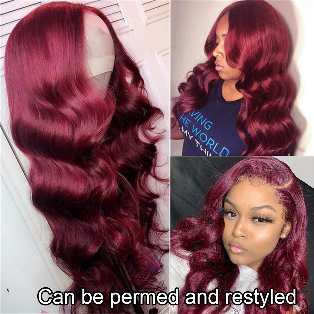 Burgundy13x4 Lace Front Human Hair Wig Pre Plucked with Baby Hair 99J Color WIGMFG