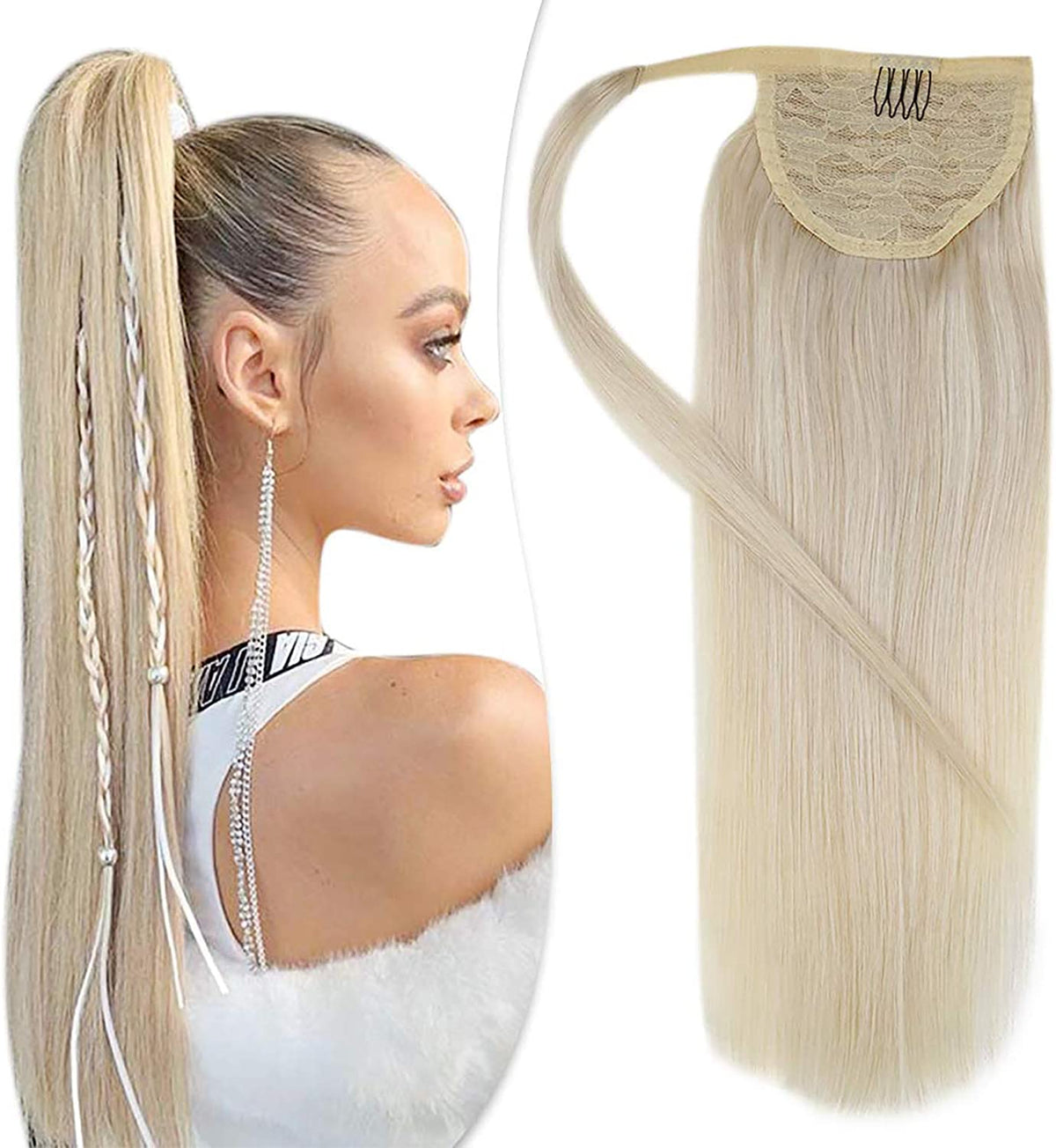 20 inch Platinum Blonde 100% Remy Hair Ponytail Extension