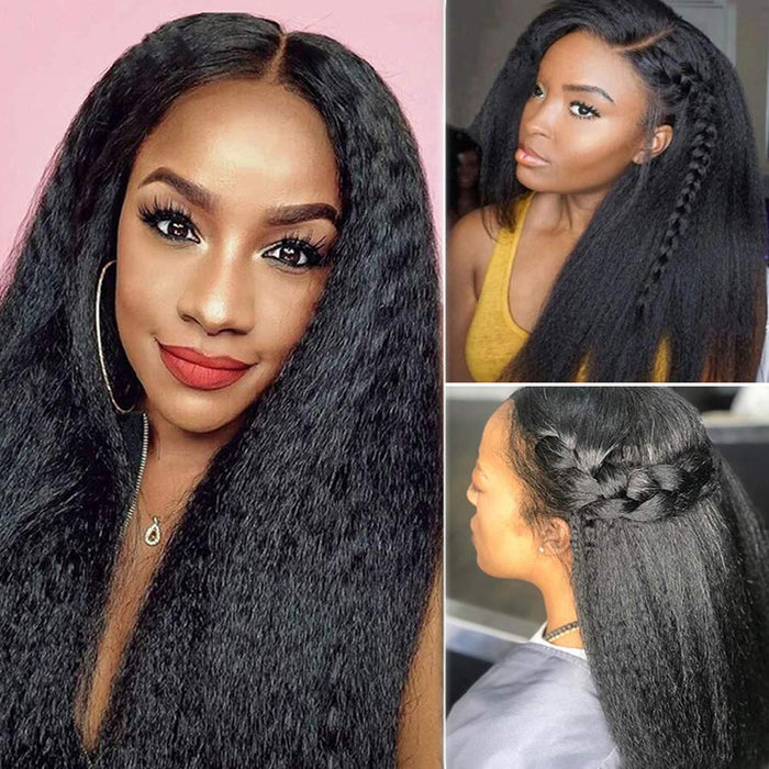 Kinky Straight Yaki Human Hair Lace Front Wigs