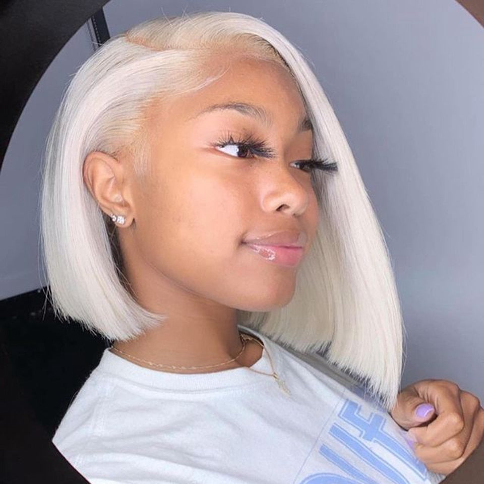 Short Curly Bob Human Hair Wigs Loose Deep Lace Frontal Wig White Brazilian Hair Transparent Lace Straight #60 Grey Closure Wig