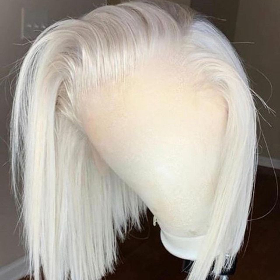 Short Curly Bob Human Hair Wigs Loose Deep Lace Frontal Wig White Brazilian Hair Transparent Lace Straight #60 Grey Closure Wig
