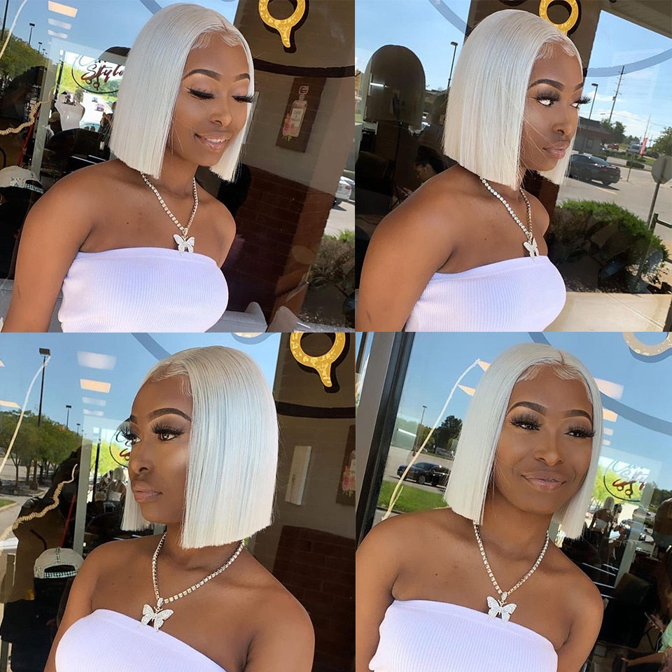 Short Curly Bob Human Hair Wigs Loose Deep Lace Frontal Wig White Brazilian Hair Transparent Lace Straight #60 Grey Closure Wig
