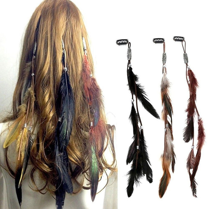 2023 New Fashionable Boho Feather Headband Wig Beaded Feather Headdress Handmade Hair Clip Girl Hair Accessories High Quality