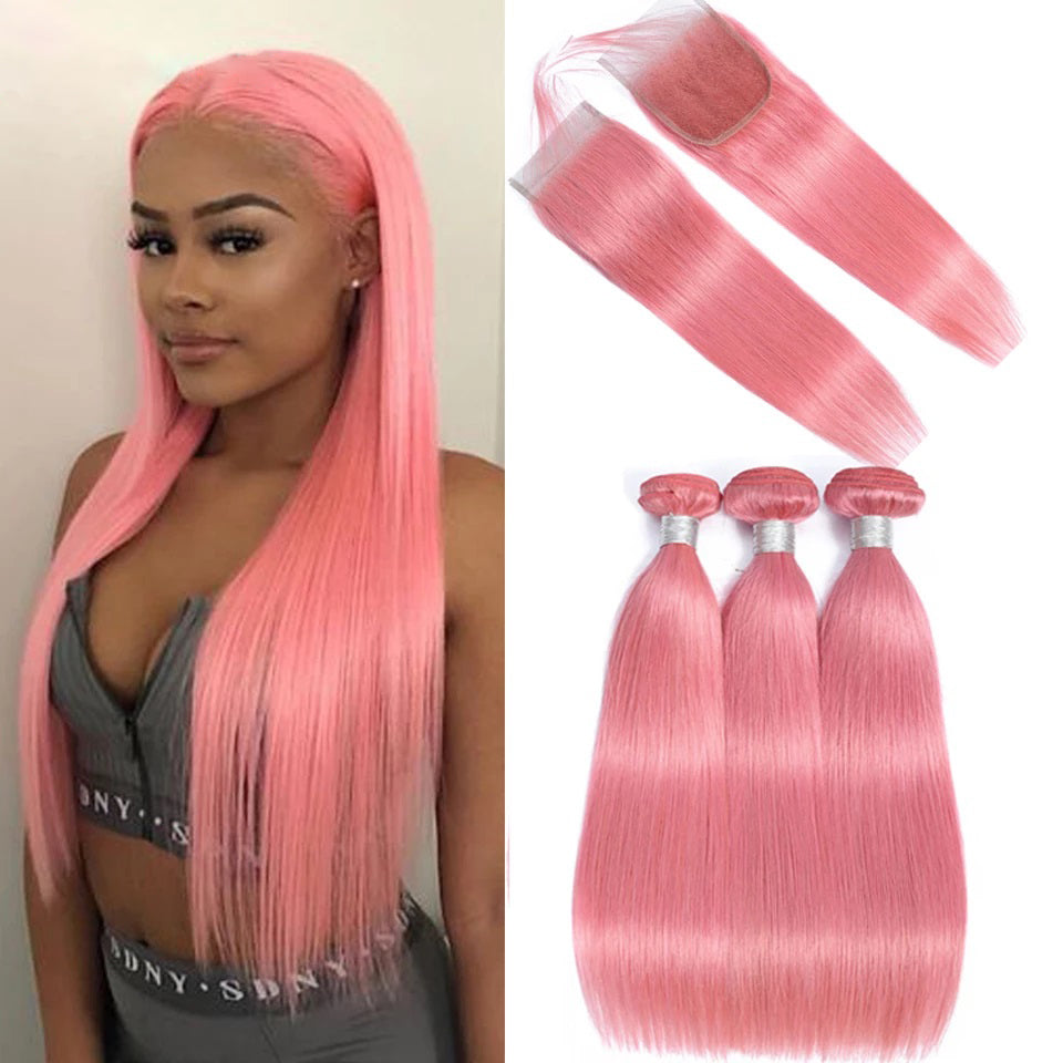Pink Bundles With Closure Peruvian Colored Human Hair Bundles With Closure