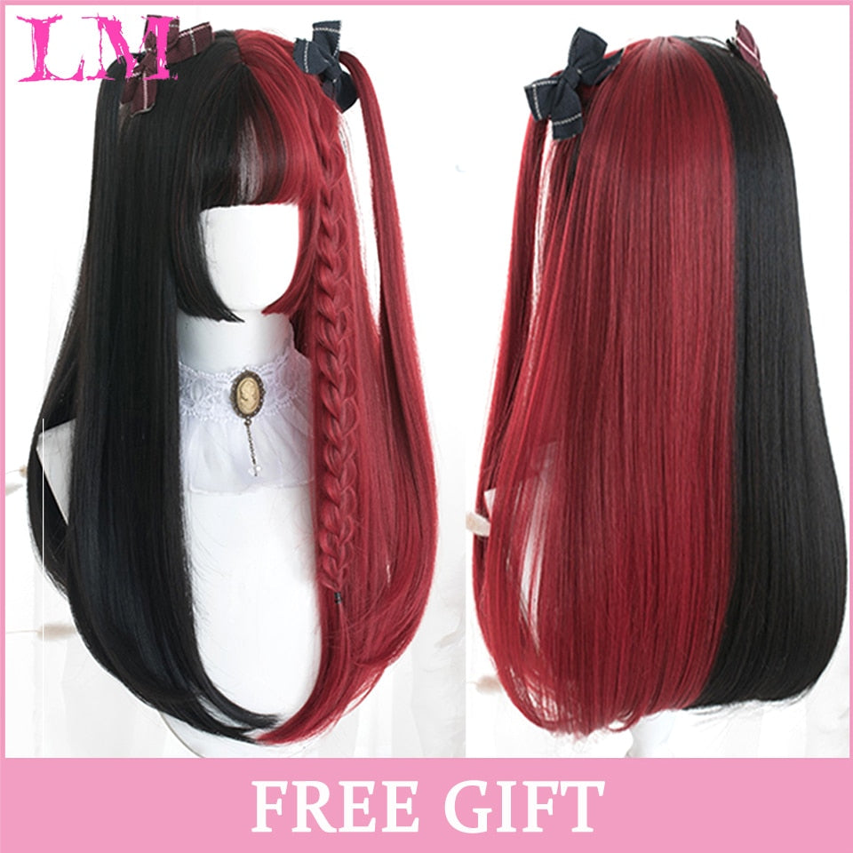 Cosplay Wig With Bangs Synthetic Straight Hair 24 Inch Long Heat-Resistant Pink Wig For Women