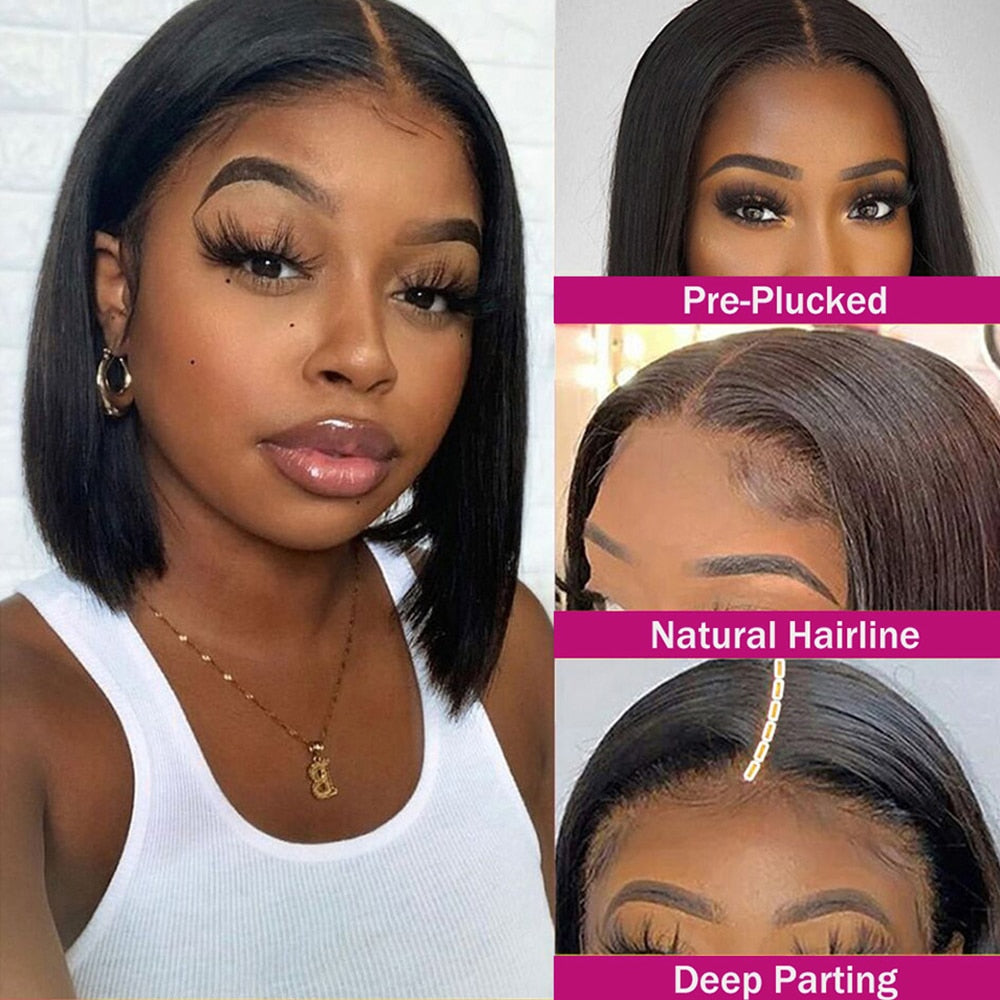 Peluca de cabello humano liso para mujer、postizo de encaje Frontal、corte Bob、pelo Remy brasileño predespuntado