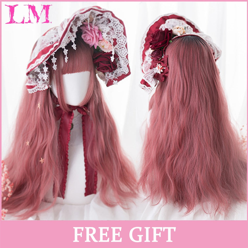 Cosplay Wig With Bangs Synthetic Straight Hair 24 Inch Long Heat-Resistant Pink Wig For Women