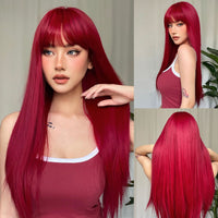 ライトワインレッド合成かつら前髪付き女性のためのロングストレートヘアウィッグナチュラルコスプレパーティー耐熱